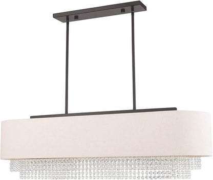 Livex Lighting 51125-92 Carlisle - 41" Five Light Linear Chandelier, English Bronze Finish with Oatmeal Fabric Shade with Clear Crystal