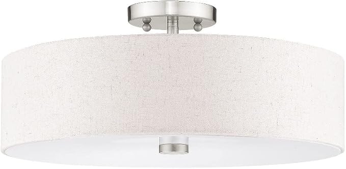 Livex Lighting 52136-92 Meridian Collection 4-Light Transitional Ceiling Mount Fixture with Oatmeal Color Fabric Hardback Shade, English Bronze