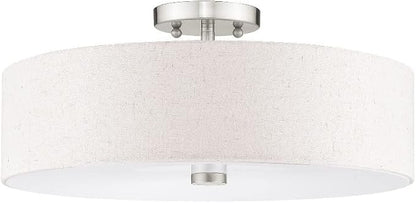 Livex Lighting 52136-91 Meridian Collection 4-Light Semi Flush Mount Ceiling Fixture with Oatmeal Color Fabric Hardback Drum Shade and Satin White Diffuser, Brushed Nickel