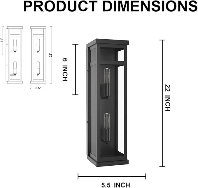 LEDMyplace Outdoor Sconce Light - 40W Rectangular Black Outdoor Wall Sconce with Clear Glass Panels - Two E12 Socket, High CRI, IP65, ETL Listed, Modern Exterior Light Fixture (22.25" H x 5.5" W)