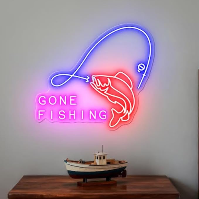 Gone Fishing LED Neon Sign for Cabin Decor, Lake House Wall Light, Fisherman Gift, Rustic Fishing Sign for Man Cave or Garage Size:20 x 17inches