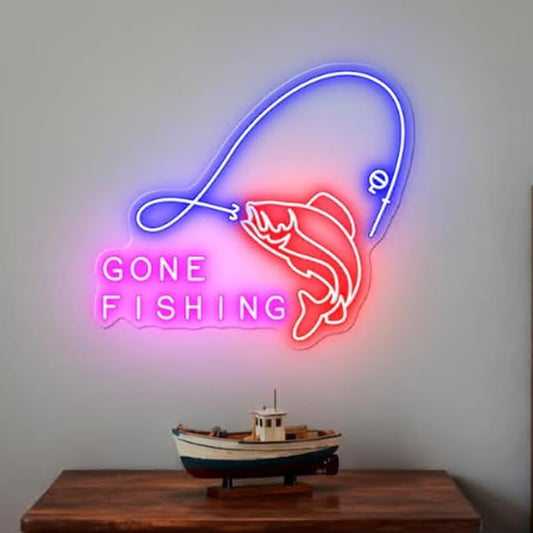 Gone Fishing LED Neon Sign for Cabin Decor, Lake House Wall Light, Fisherman Gift, Rustic Fishing Sign for Man Cave or Garage Size:20 x 17inches