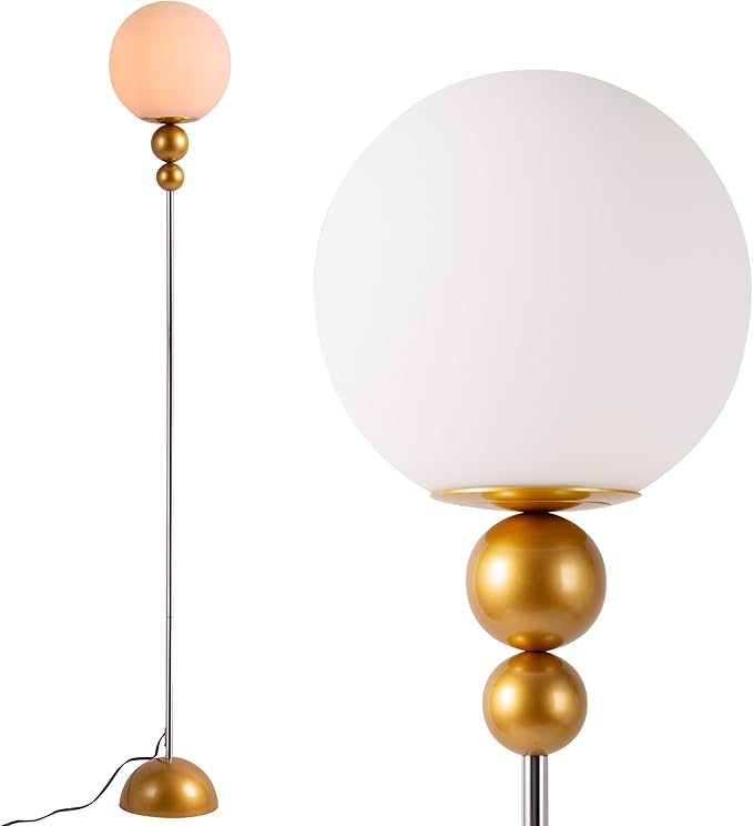 Modern Glass Floor Lamp for Bedroom, 63'' Vintage Mid-Century Floor Lamp with Milky White Frosted Glass Globe Shade for Living Room Corner, Slim Standing Reading Lamp for Office Decor (Gold)
