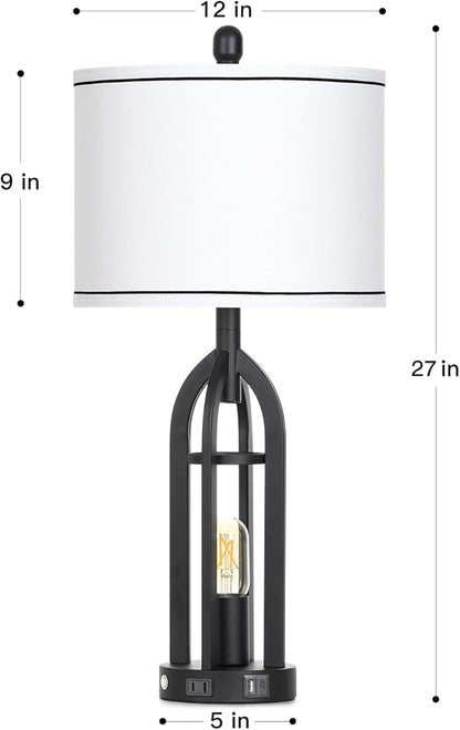 27" Tall Vintage Table Lamp with USB C+A & Outlet,Black Industrial End Table Lamp for Living Room,Farmhouse Rustic Bedside Lamps with Night Light for Bedroom Nightstand,Black（2 LED Bulbs Included）
