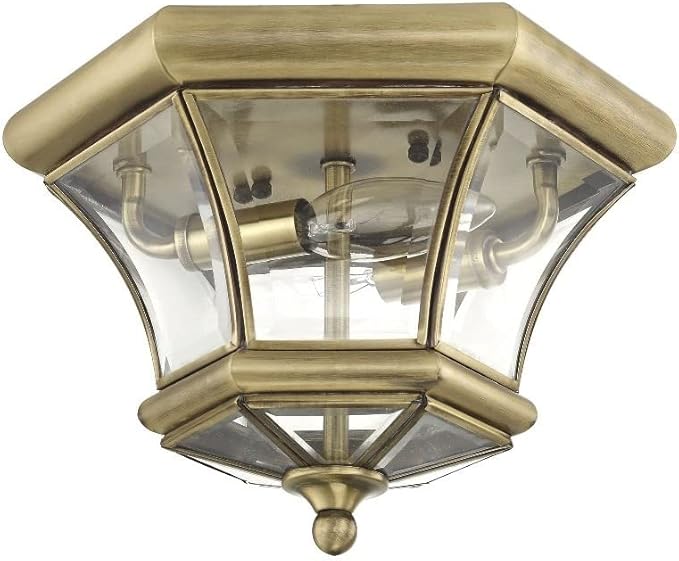 Livex Lighting 7052-02 Monterey 2 Light Outdoor/Indoor Polished Brass Finish Solid Brass Flush Mount with Clear Beveled Glass