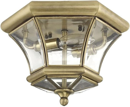 Livex Lighting 7052-02 Monterey 2 Light Outdoor/Indoor Polished Brass Finish Solid Brass Flush Mount with Clear Beveled Glass