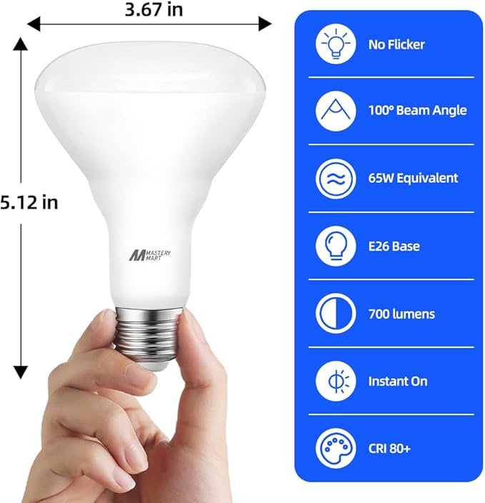 MASTERY MART 12 Pack BR30 LED Bulbs, 65W Equivalent, 10W 5000K Daylight, 700 Lumens, Flicker-Free, Dimmable Flood Lights for Home, Kitchen Long Lasting & Energy Efficient, E26 Base, UL Listed