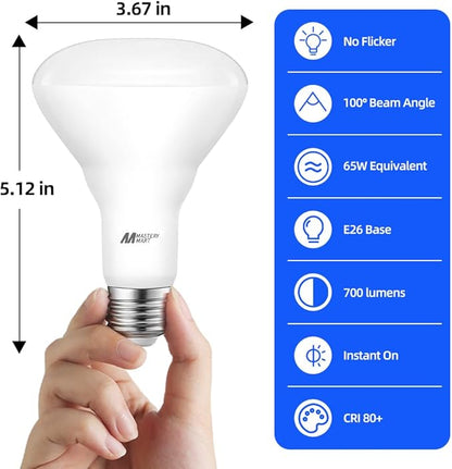 MASTERY MART 12 Pack BR30 LED Bulbs, 65W Equivalent, 10W 5000K Daylight, 700 Lumens, Flicker-Free, Dimmable Flood Lights for Home, Kitchen Long Lasting & Energy Efficient, E26 Base, UL Listed