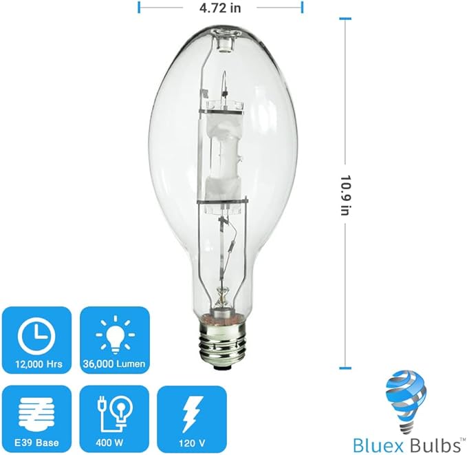 Bluex Bulbs (3 Pack MH400/U/MOG 400W Metal Halide Bulb Mogul Base (E39) - ED37 Clear M59 HID Lamp 36000 Lumens