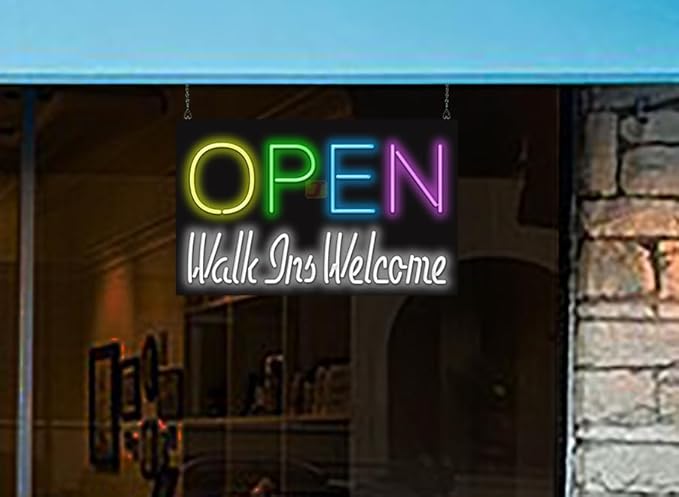 Open Walk Ins Welcome Neon Sign - Large Size - 32" wide x 20" high - Real, Quality Hand Bent Neon Sign - Yellow, Green, Blue & Purple & White Letters