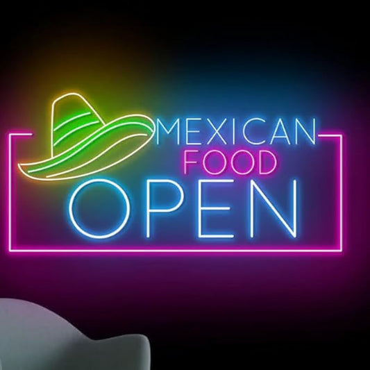 Mexican Food Open Neon Sign, 20" LED Restaurant Sign, Taco Bar Neon Light, Mexican Restaurant Decor