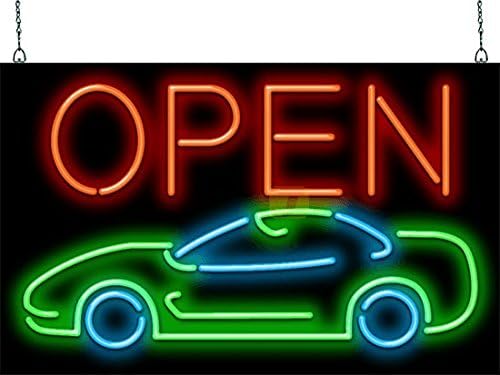 Open with Car Neon Sign - Large Size - 32" wide x 20" high - Real, Quality Hand Bent Neon Sign - Red Letters with a Green & Blue Car Design