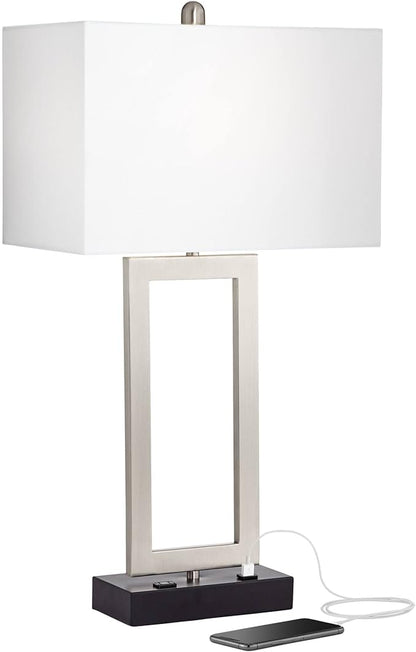 360 Lighting Todd Modern Table Lamp with Hotel Style USB and AC Power Outlet in Base 30" Tall Brushed Nickel Rectangle White Shade for Living Room Bedroom House Bedside Nightstand Home