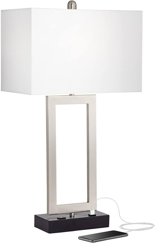 360 Lighting Todd Modern Table Lamp with Hotel Style USB and AC Power Outlet in Base 30" Tall Brushed Nickel Rectangle White Shade for Living Room Bedroom House Bedside Nightstand Home