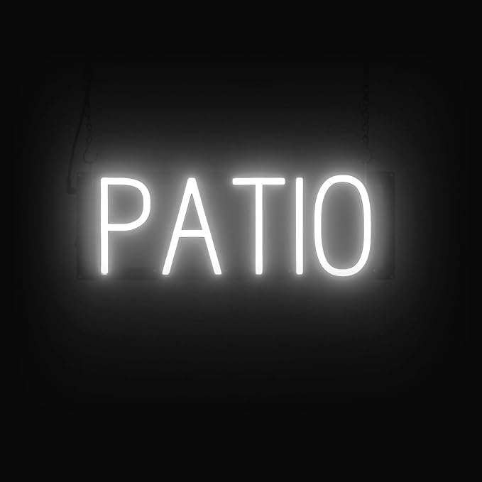 SpellBrite PATIO Sign | Location-Related Sign with Neon Look, White LED Light Source | 18.3" x 6.3"
