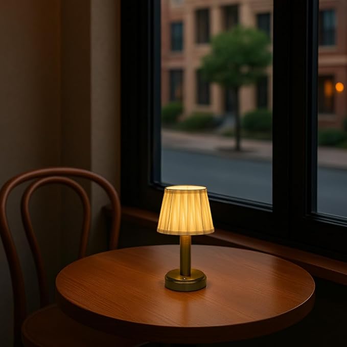11'' Vintage Antique Brass Type-C Rechargeable Cordless LED Table Lamp Touch Control Mini Desk Lamp with Fabric ShadeDimmable Nightstand Light for Bedroom Living Room Study Room
