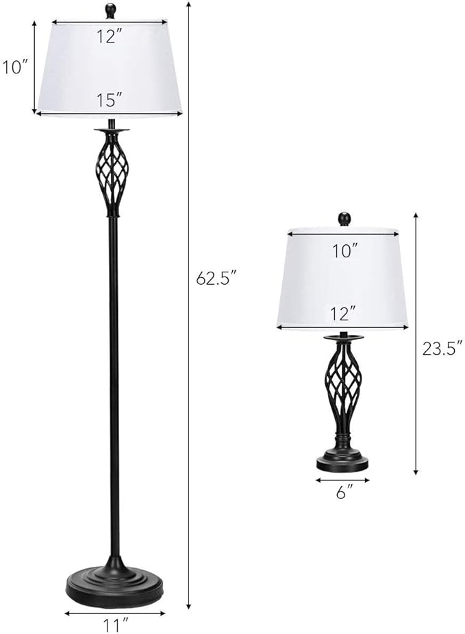 Tangkula Lamp Set 3-Piece Modern Home Living Room Bedroom Antique Bronze Finish Lamps, Floor Lamp and Table Lamps Set with Soft Pleated White Fabric Shades (Antique Bronze)