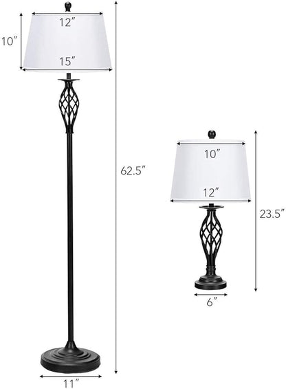 Tangkula Lamp Set 3-Piece Modern Home Living Room Bedroom Antique Bronze Finish Lamps, Floor Lamp and Table Lamps Set with Soft Pleated White Fabric Shades (Antique Bronze)