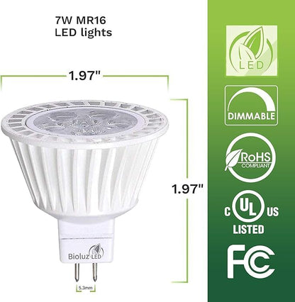 Bioluz LED 5 Pack MR16 50 Watt Halogen Equivalent Dimmable Bulb uses 7W, Halogen 3000K 12V AC/DC, UL Listed, High CRI for Low Voltage Recessed Lights, Track Lights and Landscape Fixtures.