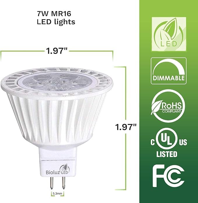 Bioluz LED 10 Pack MR16 LED Bulb Dimmable 50W Halogen Replacement 3000K 7w 12V AC DC UL Listed High CRI