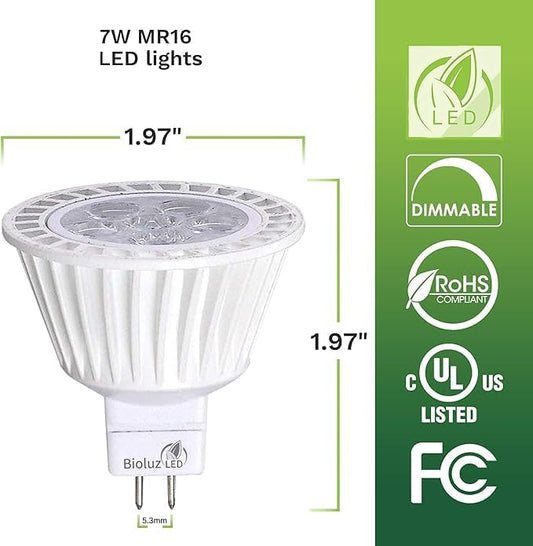 Bioluz LED 10 Pack MR16 LED Bulb Dimmable 50W Halogen Replacement 3000K 7w 12V AC DC UL Listed High CRI