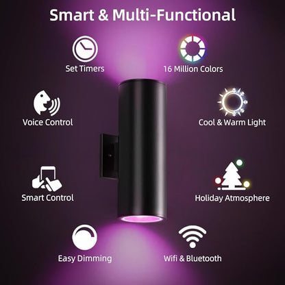 SHIMR Color Changing Outdoor Lights 2 Pack, RGB 2700K-6500K Smart Porch Lights with Remote, Cylinder Exterior Lighting Fixtures Aluminum Anti-Rust, Up and Down Lighting for House [ETL Listed]