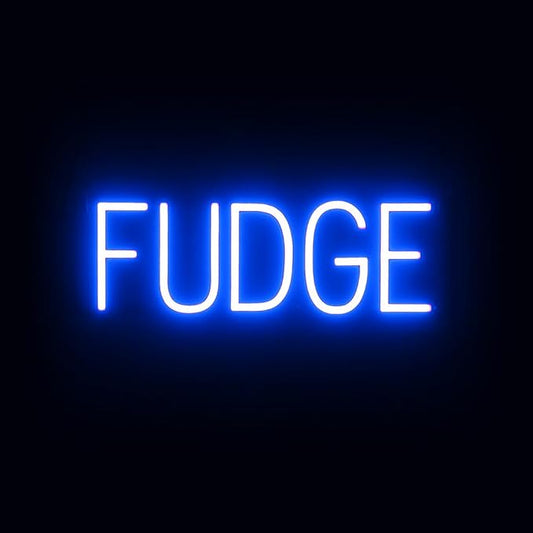 SpellBrite FUDGE Sign | Treat-Related Sign with Neon Look, Blue LED Light Source | 19.9" x 6.3"