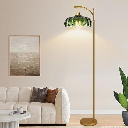 Gold Floor Lamps for Living Room,Glass Floor Lamp with Remote Control & Green Lampshade,Arc Flower Lamp Dimmable Mid Century Modern Standing Lamp Vintage Brass Tall Floor Lamp For Bedroom Corner