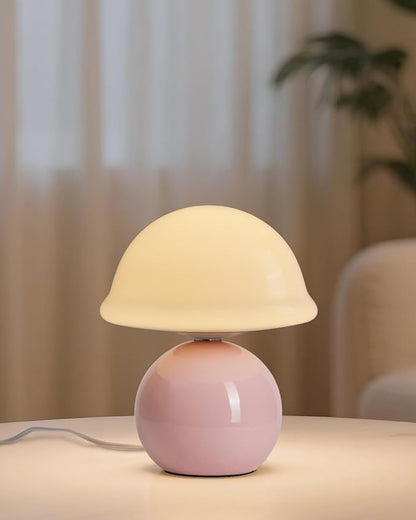 Mushroom Table Lamp for Bedroom, Cozy Bedside Lamp with Glass Shade, Stepless Dimmable Nightstand Lamp for Relaxing Bedroom Decor & Aesthetic Home (Pink)