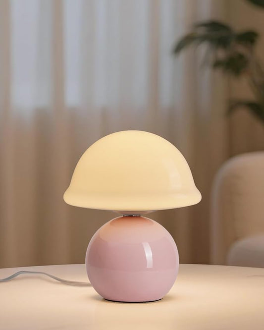 Mushroom Table Lamp for Bedroom, Cozy Bedside Lamp with Glass Shade, Stepless Dimmable Nightstand Lamp for Relaxing Bedroom Decor & Aesthetic Home (Pink)