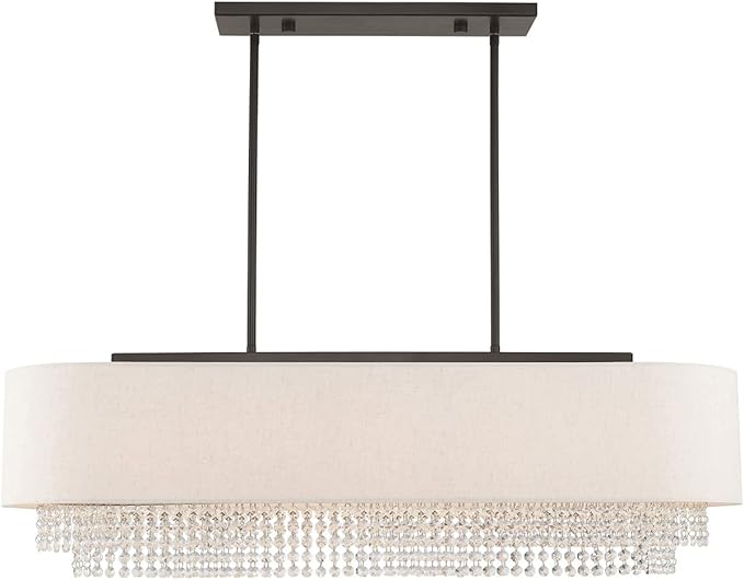 Livex Lighting 51125-92 Carlisle - 41" Five Light Linear Chandelier, English Bronze Finish with Oatmeal Fabric Shade with Clear Crystal