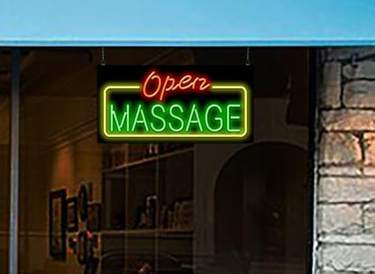 Massage Open Neon Sign - Large Size - 32" wide x 16" high - Real, Quality Hand Bent Neon Sign - Red & Green Letters with a Yellow Border Design