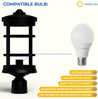 KASTLITE Black Outdoor Lamp Post Fixture - Fits 3" Light Poles for Outside Lighting - Waterproof E26 Base Lantern, Yard Patio Deck Garden Porch Mailbox Driveway & Street Lights - USA Made, Kensington