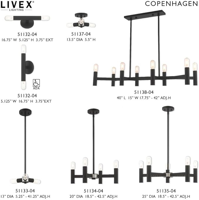 Livex Lighting 51138-91 Copenhagen - Eight Light Linear Chandelier, Brushed Nickel Finish