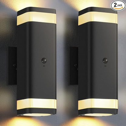 SHIMR Motion Sensor Outdoor Wall Lights 2 Pack, Modern Dusk to Dawn Up Down Sconce with 3 Modes, WaterprExterior Lighting Fixtures for Porch Garage Patio, 3000K LED Bulb Included, Black Finish