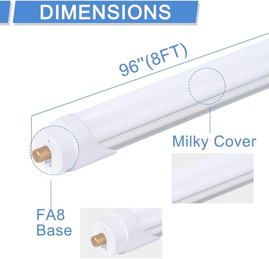 8ft LED Bulbs,12 Pack 96" 45W FA8 Single Pin LED Tube Lights 5400LM, 6000k, Milky Cover, F96T12 Bulb Fluorescent Replacement, Ballast Bypass