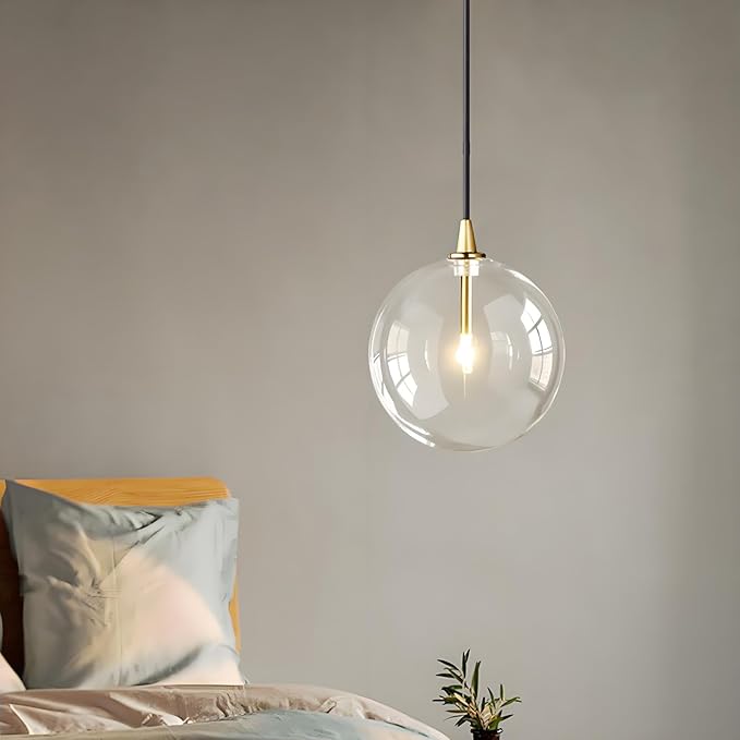 Minimalist Transparent Glass Ball Pendant Light in Gold Finish, Height Adjustable G4 LED Ceiling Haning Light for Dining Room & Living Room (15CM)