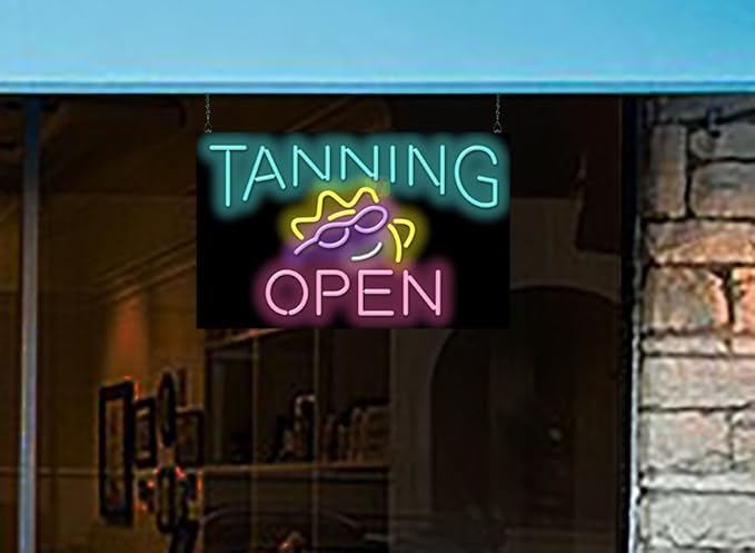 Tanning Open Neon Sign - Large Size - 32" wide x 20" high - Real, Quality Hand Bent Neon Sign - Turquoise & PInk Letters with a Yellow, Purple & White Sunshine Design