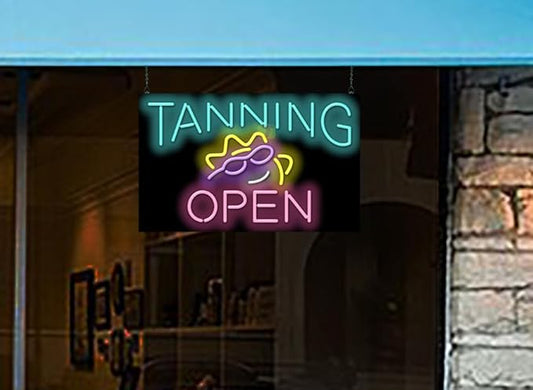 Tanning Open Neon Sign - Large Size - 32" wide x 20" high - Real, Quality Hand Bent Neon Sign - Turquoise & PInk Letters with a Yellow, Purple & White Sunshine Design