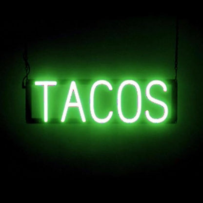 SpellBrite TACOS Sign | Mexican Food-Related Sign with Neon Look, Green LED Light Source | 21.3" x 6.3"