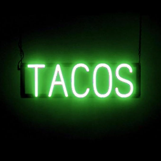 SpellBrite TACOS Sign | Mexican Food-Related Sign with Neon Look, Green LED Light Source | 21.3" x 6.3"