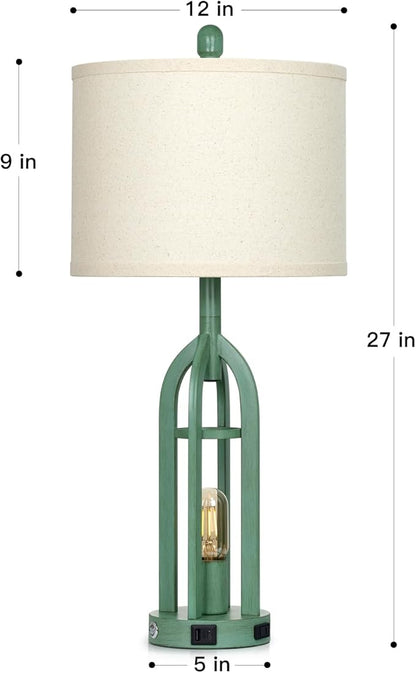 27" Tall Coastal Lamp,Retro-Green Vintage Bedside Nightstand Lamps with USB C+A & AC Outlet,3-Way Dimmable Touch Control Table Lamps for Bedroom Living Room with Night Light,Single Green
