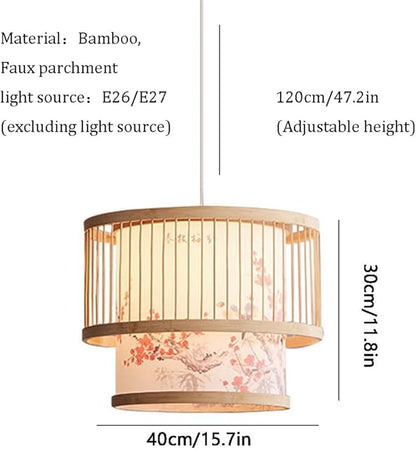 Modern New Chinese Style Patterned Pendant Lamp Fixture Creative Bamboo Suspension Lamp with Wood Canopy Vintage Lantern Hanging Light for Kitchen Dining Room Bedroom E27 Droplight