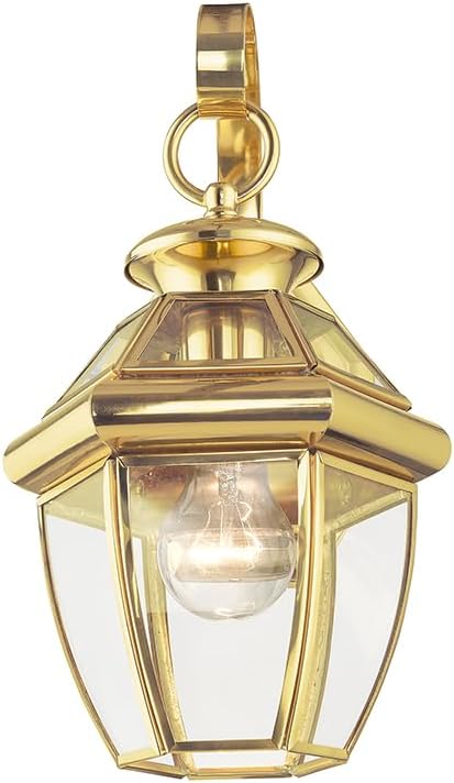 Livex Lighting 2051-02 Monterey 1 Light Outdoor Polished Brass Finish Solid Brass Wall Lantern with Clear Beveled Glass, Gold