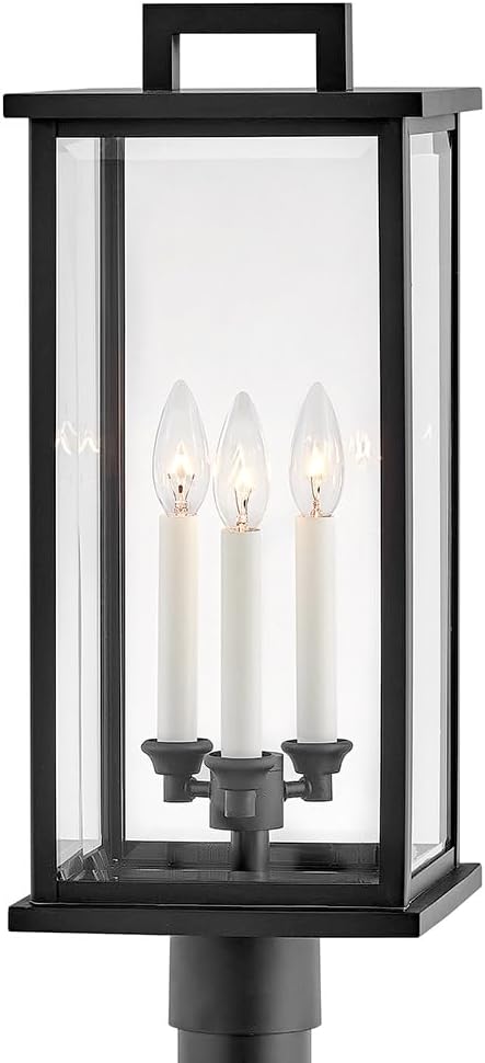Hinkley Weymouth Large Post Top or Pier Mount Outdoor Lantern - Estate Series, 3-Light, Aluminum, Candle Sleeves, Rectangular, Clear Beveled Glass - Black Finish