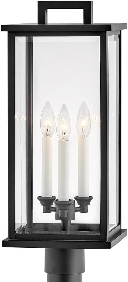 Hinkley Weymouth Large Post Top or Pier Mount Outdoor Lantern - Estate Series, 3-Light, Aluminum, Candle Sleeves, Rectangular, Clear Beveled Glass - Black Finish