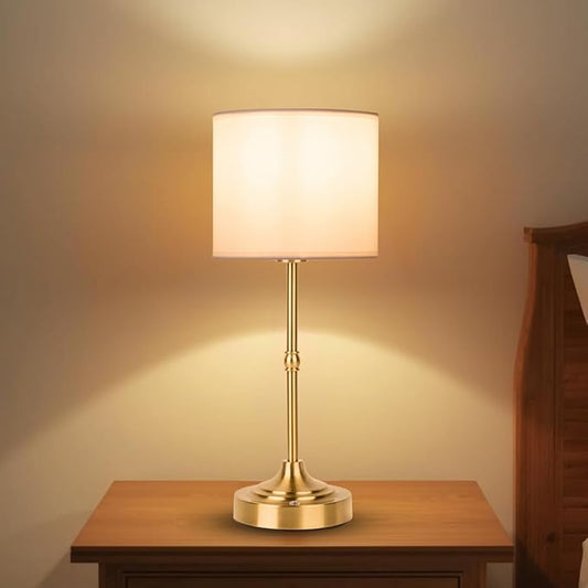 Rechargeable Table Lamp, Cordless Touch Lamps, Portable Desk Light with Stepless Dimmable Brightness & Fabric Shade for Nightstand Bedside Living Room (Gold, Straight)