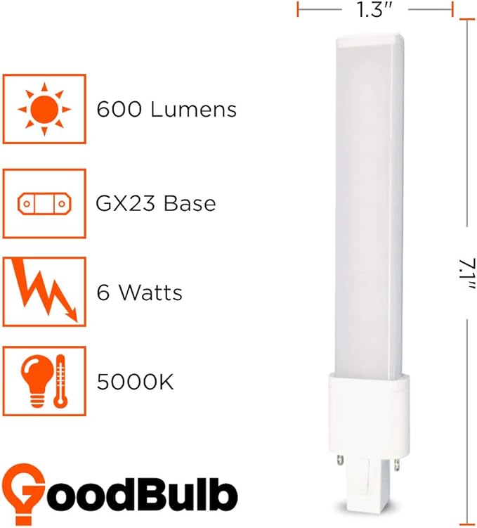 GoodBulb 6 Watt Horizontal LED Plug-in Light Bulbs | Hybrid 2 Pin GX23 Base 5000K Daylight | High Output 600 Lumens | Car Dealership Lighting | 10 Pack