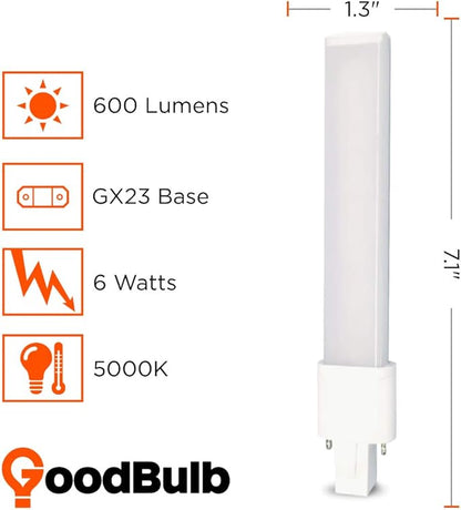 GoodBulb 6 Watt Horizontal LED Plug-in Light Bulbs | Hybrid 2 Pin GX23 Base 5000K Daylight | High Output 600 Lumens | Car Dealership Lighting | 10 Pack
