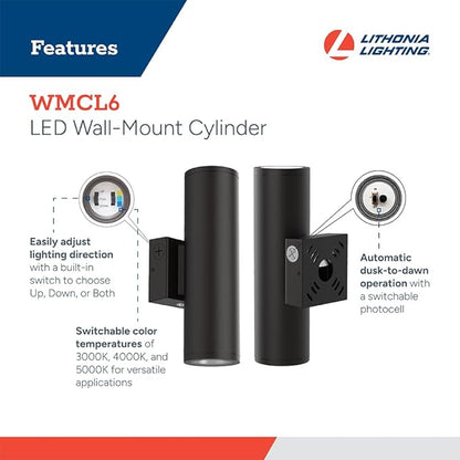 Lithonia Lighting WMCL 6 Inch LED Outdoor Wall Light, Modern Cylinder Outdoor Wall Sconce with Up/Down/Both Beam Direction, Selectable White Color, Photocell Dusk-to-Dawn, 45-Degree Beam Spread